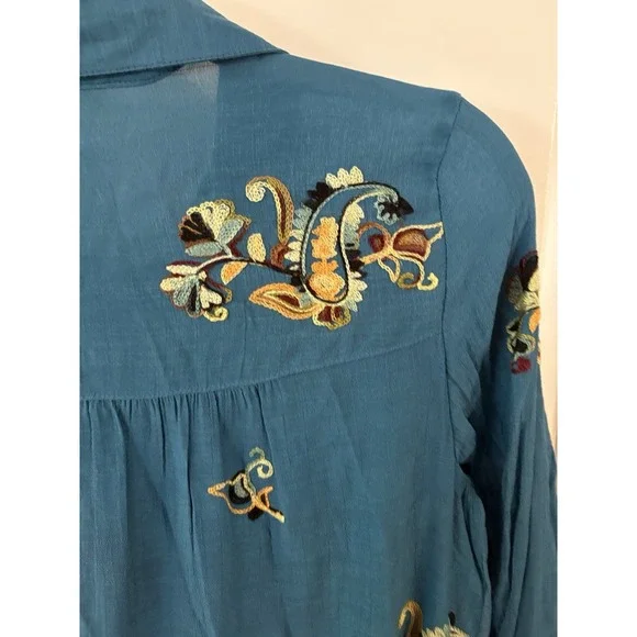 Fig & Flower Embroidered Floral Paisley Roll-Tab Tunic Blouse Turquoise Teal S - Picture 4 of 9